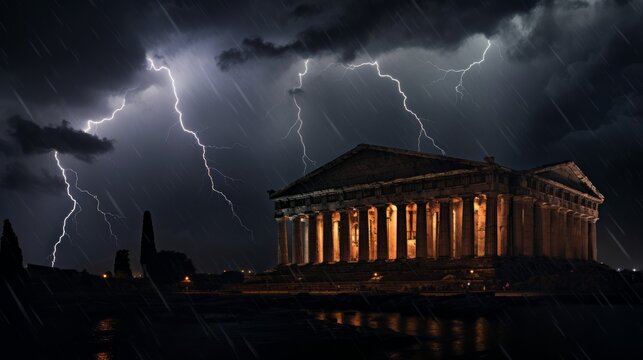 Storm's grip on Doric colonnade where lightning dances and rain veils