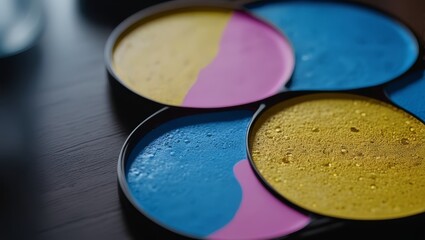  A group of bright dishes atop wood table, with coffee mug near