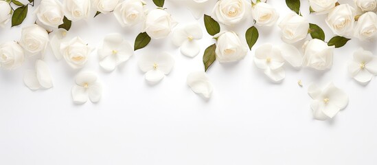 White flowers and green leaves on a white background