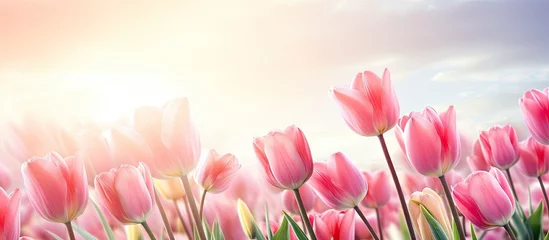 Fotobehang Pink tulips in a sunlit field © Ilgun