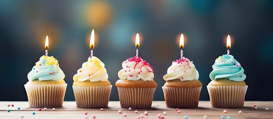 Five cupcakes with candles and Several cupcakes on a wooden cutting board with a Happy Birthday candle
