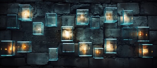 A wall of glass blocks with candles