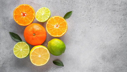 top view of assorted vitamin fruit with lemon, mandarin, lime, orange with copy space.