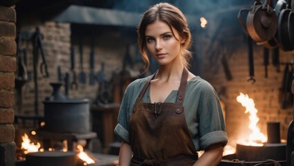  A woman in a brown apron stands before a fire in a kitchen full of pots and pans - obrazy, fototapety, plakaty