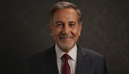 A portrait of a person in a suit and tie, smiling against a dark backdrop