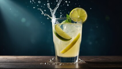  A glass of lemonade with a slice of lime and a wedge of lime in it