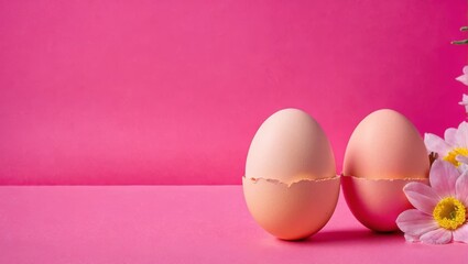  A pair of eggs resting atop a pink background with a flower in the foreground