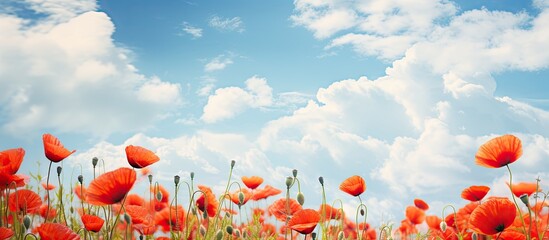 Field of red flowers under blue sky - Powered by Adobe