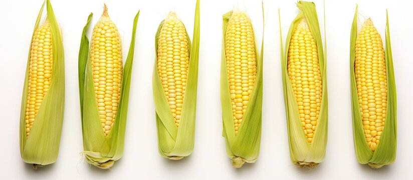 Four corn cobs arranged on white surface