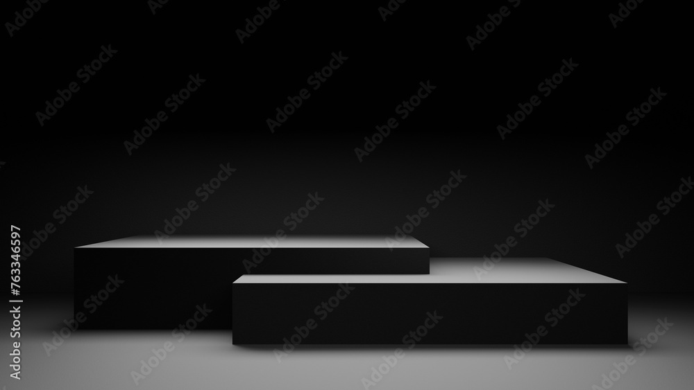 Poster Black abstract podium stage background display platform empty place for products and placement black empty abstract room with bright spotlight and abstract forms podium, 3d empty form display backdrop