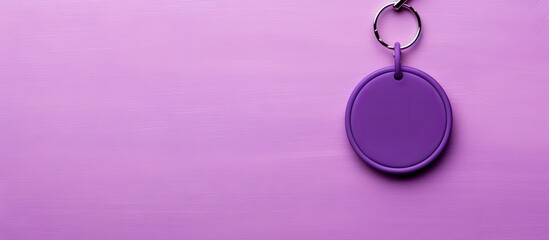 Purple keychain on purple background with tag