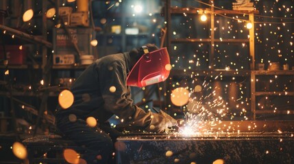 Welder at work, sparks flying in workshop
