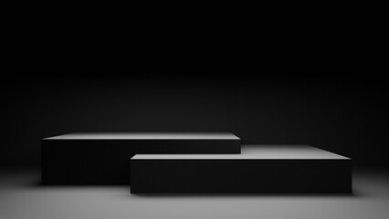 Black abstract podium stage background display platform empty place for products and placement black empty abstract room with bright spotlight and abstract forms podium, 3d empty form display backdrop