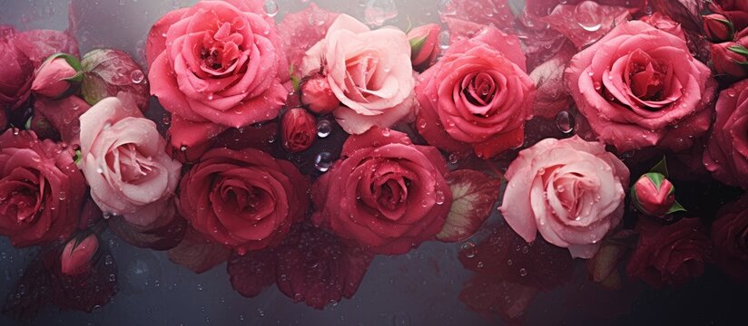 Pink roses on a table with red flowers covered in water droplets