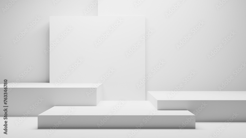Poster white bright abstract empty podium background - minimalistic place display for commercials and design, empty white studio room bright soft empty geometrical forms, white background table backdrop wall