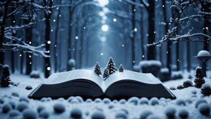  A snowy forest, with a tree stump background, a book resting on the white ground