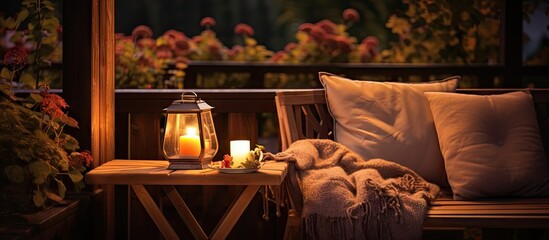 A table featuring a candle and blanket, close-up view