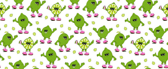 Naklejka premium Trendy seamless fruit pattern in vintage retro linear style in bright colors. Retro 70s art character label background illustration. Fun colorful groovy lime print.