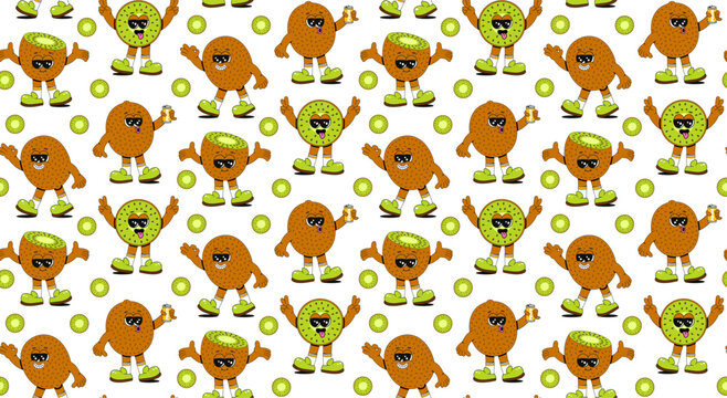 Trendy seamless fruit pattern in vintage retro linear style in bright colors. Retro 70s art character label background illustration. A fun, colorful, groovy kiwi print.