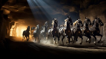 Chariot race in crystal cave with luminous trails of light
