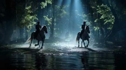 Bioluminescent forest enchants Olympic equestrian competition - obrazy, fototapety, plakaty