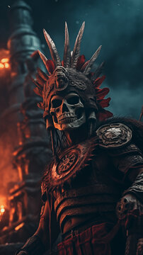Aztec warrior at the top of Aztec temple