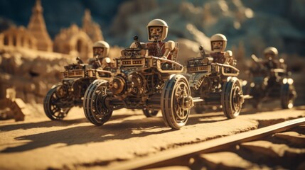 Interlocking gears form track for steampunk chariot race