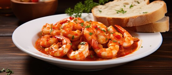 Plate of shrimp and bread on wooden table