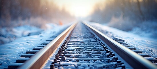 Train track covered in snow - obrazy, fototapety, plakaty