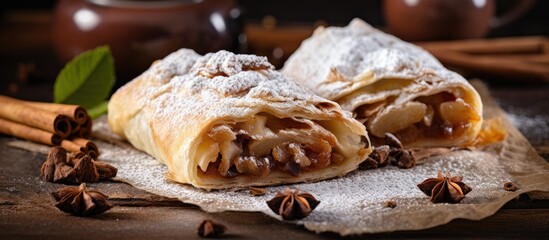 Homemade apple strudel with nuts and sugar powder
