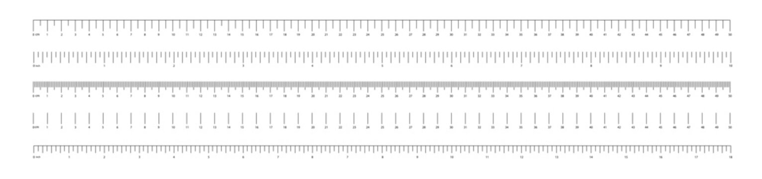 Ruler. Set of rulers. Measuring tool. Ruler scale. Mesh centimeter, inch. Size indicator blocks. Metric centimeter, inch size indicators. Vector