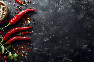 Foto op Plexiglas Red hot chili pepper of spices and garlic on dark black slate background. Top view. Copy space. © W.O.W