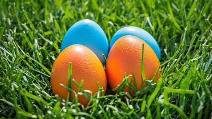 Fototapeta premium Three blue and orange eggs in a green field; one each in the foreground
