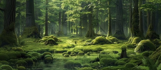 Within the image lies a verdant forest, its emerald canopy stretching as far as the eye can see. Tall trees, adorned with moss-covered trunks, stand proudly amidst the dense foliage - obrazy, fototapety, plakaty