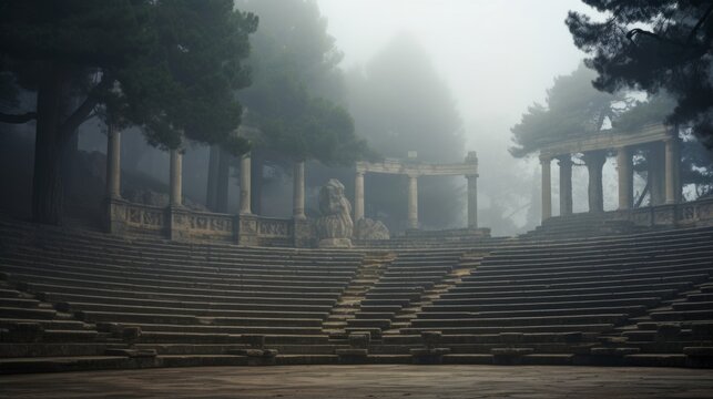 Dreamlike performance setting in mist-engulfed Greek theater