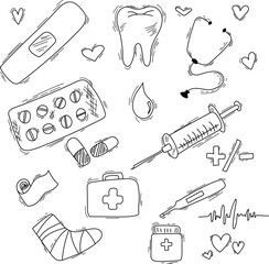 Medicine icons doodle set on white. Health care, pharmacy icons. Healthcare vector illustration.