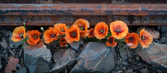 A cluster of vibrant poppy flowers grows sporadically along the rusty, historic railway tracks, offering a whimsical and colorful contrast to the industrial setting 