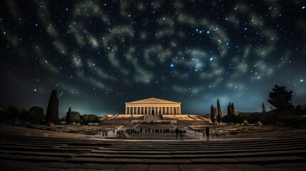 Night performance at Greek theater enhanced by celestial constellations - obrazy, fototapety, plakaty