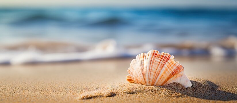 Sea shell on a shore with waves background