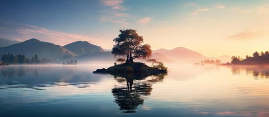 Island with a lone tree in the center of a serene lake