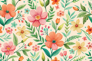 Seamless pattern with colorful flowers and leaves.