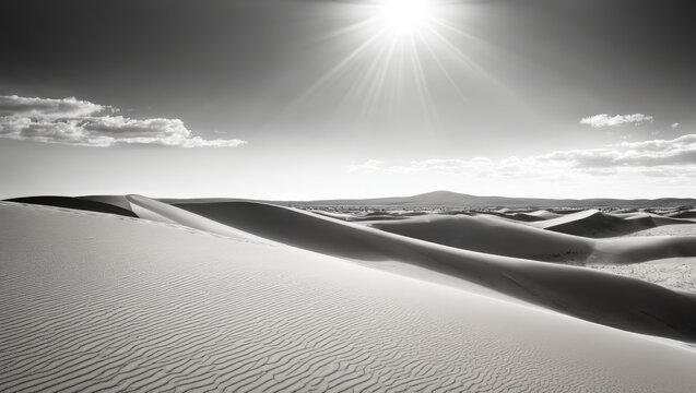  Black-and-white photograph depicts sand dunes under bright sunlight, with sun visible behind them in background