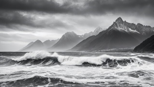  A monochrome image of majestic mountains against a stormy sky, framed by crashing waves