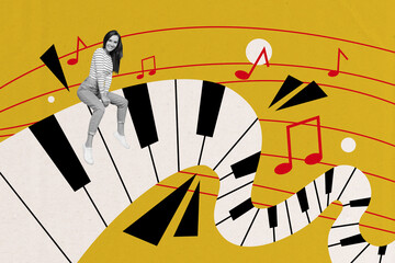 Creative image collage sitting young joyful girl piano keys artist performance instrument party disco drawing background