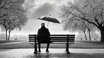  A monochrome image of a man on a park bench under an umbrella