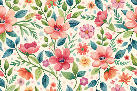 Seamless pattern with colorful flowers and leaves. illustration.