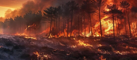 A forest in New Forest is engulfed in a massive fire with flames consuming numerous trees and spreading rapidly The controlled burning activity in the heathland creates a dramatic scene 