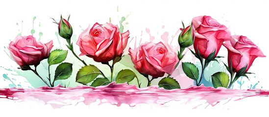 Three watercolor painted roses on white background