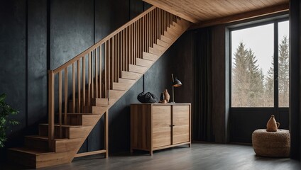 Wooden cabinet near window and staircase, Scandinavian interior design of modern entrance hall 