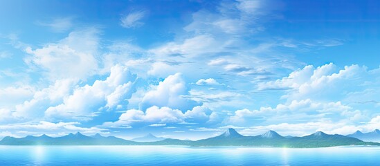 Blue sky and clouds over ocean and mountain